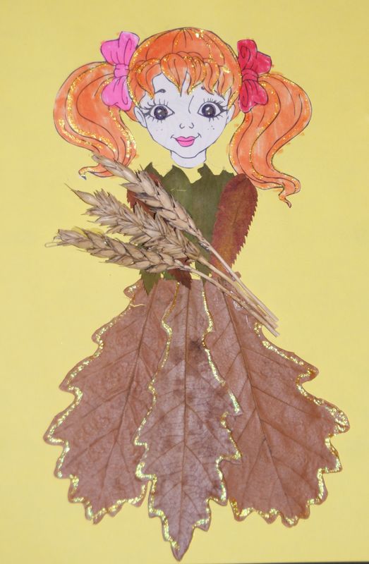 Аппликация из природного материала. Прическа из листьев аппликация. Аппликация из осенних листьев. Картина из листьев. Девушка в платье из листьев.