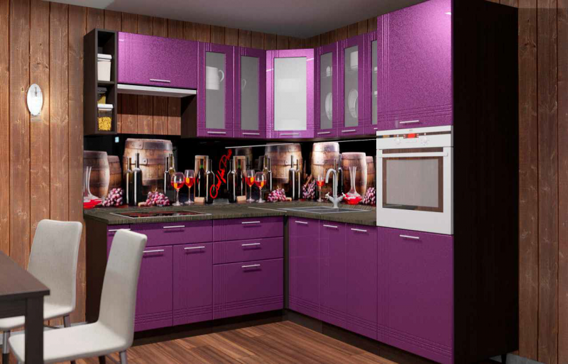 Уютная кухня. Мебель с фиолетовыми волосами. Кухонные гарнитуры Дзержинск. Красивые кухни НСК.